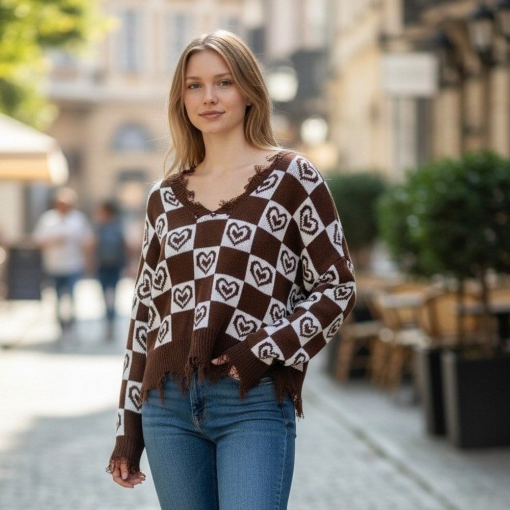 Just Polly New York Brown Heart Checkered Distressed V-Neck Sweater 2X NEW